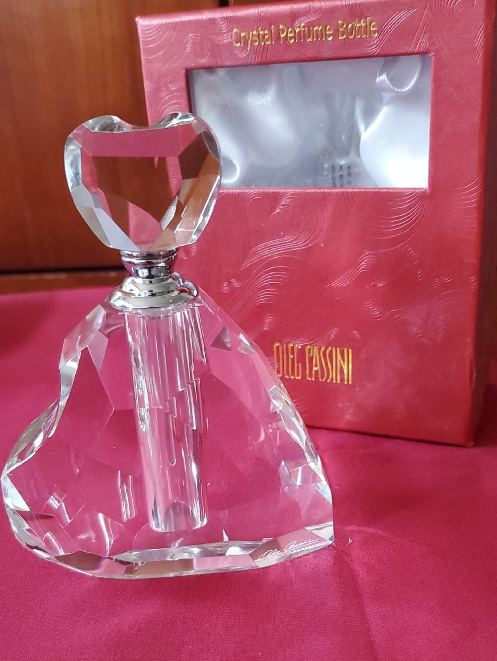 Oleg Cassini Clear Crystal Heart-Top Perfume Bottle with Red Box